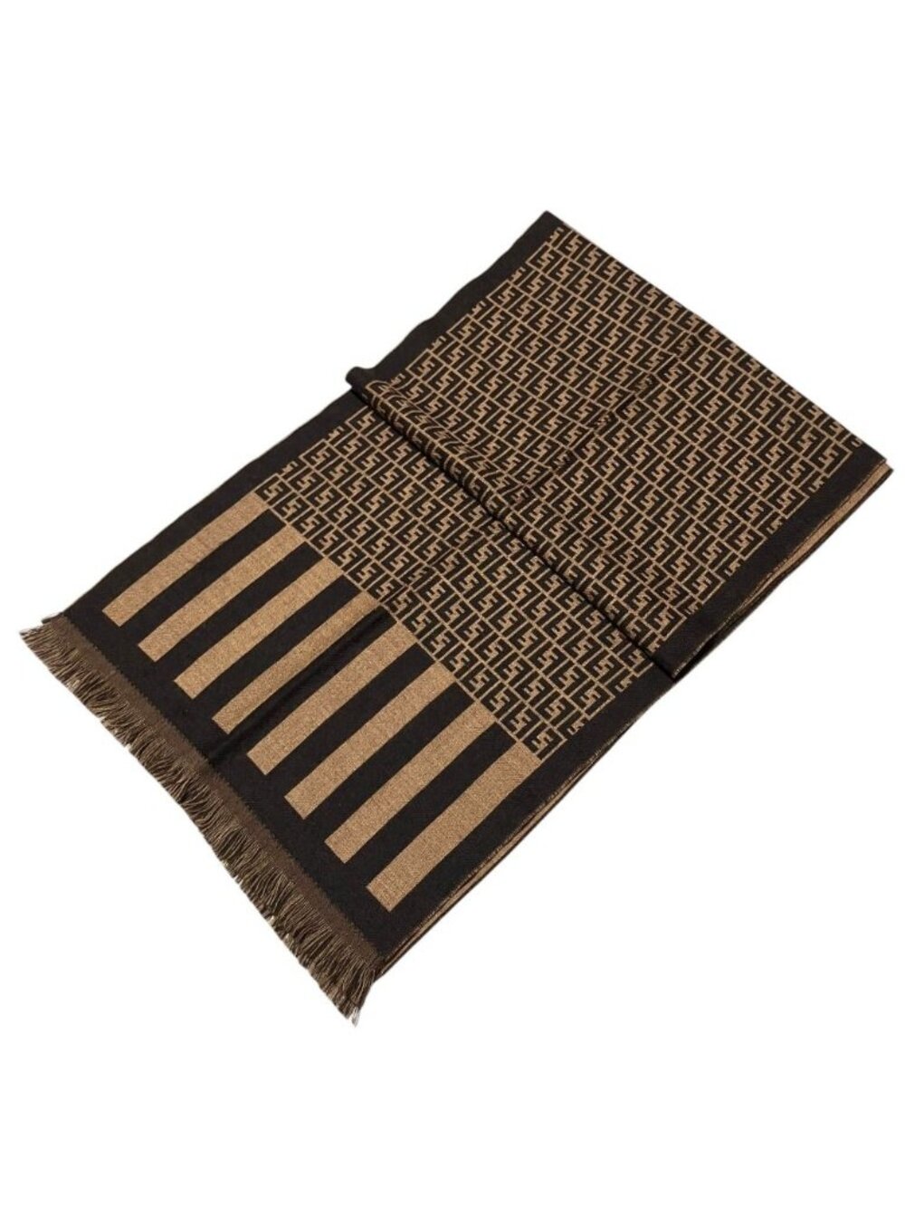 Fendi Zucca Pattern Reversible Wool Fringe Scarf Shawl Beige Black